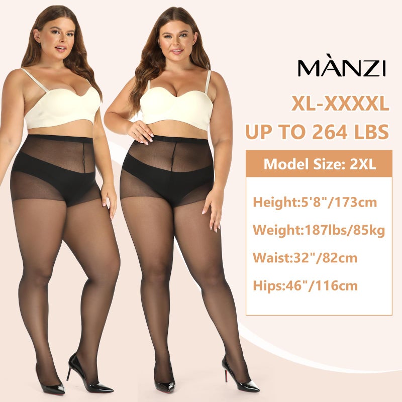 MANZI Women's Plus Size Pantyhose 4 Pairs Ultra Sheer Nylon Tights Black 3X - Image 3
